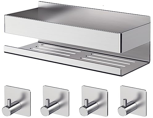 AIKER Duschablage Ohne Bohren,Hochwertiger Verdickter Edelstahl 304 Badezimmer Organizer,Kein Bohren Selbstklebend Badezimmer Regal für Dusche Mit 4 Haken für Bad, Küche, WC