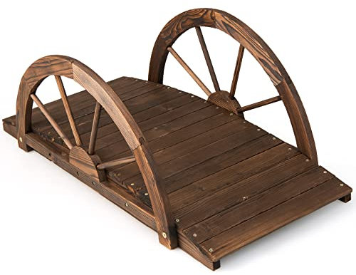 GiantexUK Wooden Garden Bridge, Decorative Arc Footbridge with Half Wheeled Railings, Outdoor Bridge Walkway for Ponds Streams Borders