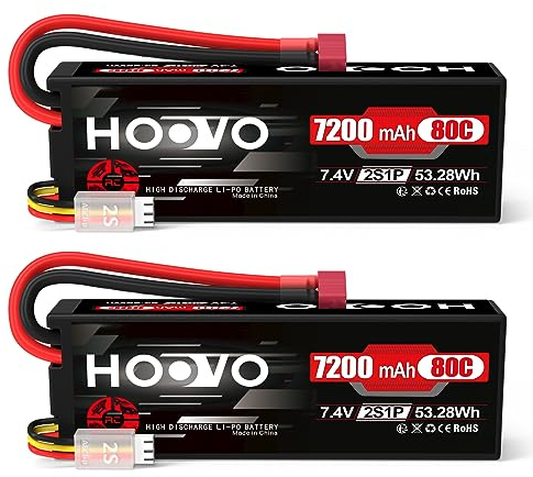 2S LiPo Akku 7,4V 7200mAh 80C RC Batterie Hardcase mit Dean-Style T Stecker Batterie Ersatzakku HOOVO für RC Auto LKW Heli Flugzeug Boot Hubschrauber Drohn Truck Slash Buggy (2 Stück)