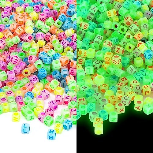 Augshy 1400pcs Glow in The Dark Square Acrylic Alphabet Beads Bracelet A-Z Cube Letters Beads for Bracelets Necklaces Phone Lanyard Making with 1 Roll Crystal String Cord for Jewelry Making(6 mm)