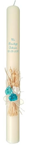 Vela/Cirio de bautizo de CERA BEIG decorada con pick floral rústico para niño/a (AZUL)