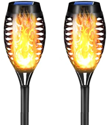 LQWELL Luces De Antorcha Solar Para Exteriores, 2 Piezas, 12 LED, LÁMpara Solar Con Efecto De Llama, IP65, Impermeable, JardÍN, Camino Solar, IluminaciÓN De CÉSped Para Patio Trasero (Paquete De 2)