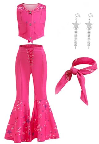 JANGZIIA Vestiti Barbie Bambina Costume Movie Set Uniforme da Cowgirl Rosa per Vestito Halloween Carnevale Festa di Compleanno Bambini 4-12 Anni (110 (Height 100-110cm)) (BBTZ-FS)