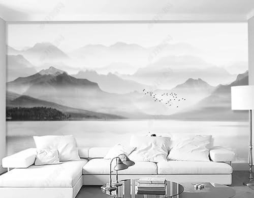 Papier Peint Intissé Nuages ​​​​De Paysage D'Encre Noir Et Blanc Poster Tableaux Muraux Tapisserie Photo Trompe L'Oeil Salon Chambre Décoration Murale 450Cm(W)*315Cm(H)