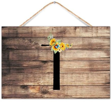 Sonnenblume Anfangsbuchstabe T Monogramm Holzplanke Hängeschild Kunst Dekor Vintage Hell Sonnig Und Positive Schilder Niedliche Holzpalette Wandschild Schild für Küchentisch Veranda 30,5 x 20,3 cm