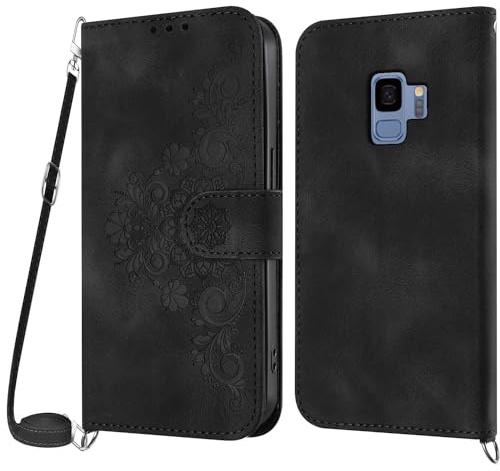 NETANY Handykette Hülle für Samsung Galaxy S9, Handyhülle für Samsung S9 Hülle mit Kette Klappbar, PU Leder Necklace Klapphülle und Umhängeband Lanyard Flip Stoßfest Schutzhülle mit Band (Schwarz)