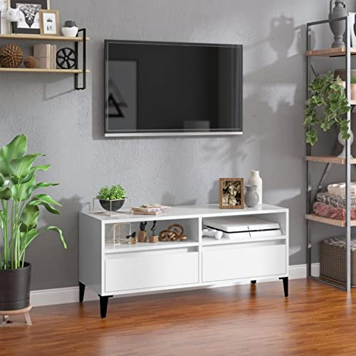 LAPOOH Mueble de TV Madera contrachapada Blanco Brillo 100x34,5x44,5cm, Mueble TV, Mueble Salon Moderno, Mueble para TV, Mueble Comedor, Mesa TV, Mueble Television 831903