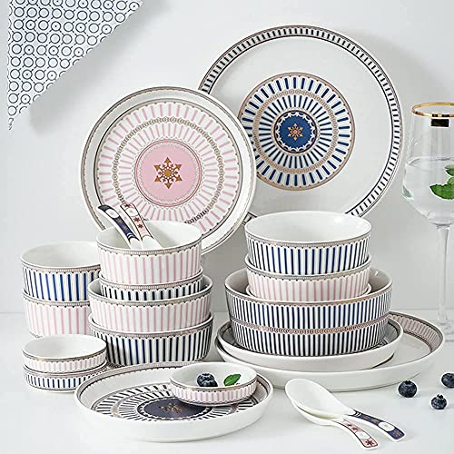 Set di stoviglie da 12 pezzi, servizio da tavola in ceramica rosa e blu, set di stoviglie a righe inglesi, combinazione completa di porcellana, piatti piani in stile nordico, microonde e stovigli