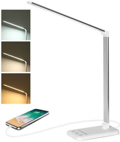 Dimmable LED Desk Lamp with USB Charging Port, 5 Light Modes & 6 Brightness Levels, Touch Control & Adjustable Timer for Home, Office, Bedroom, Reading & Study