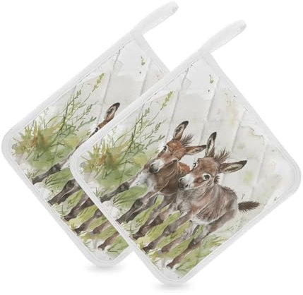 Topflappen, Set mit 2 heißen Pads mit Taschen, für Küche, Esel im Gras, Topflappen, Suppentopf, Wärmekissen, Ofen-Topflappen für Küche, hitzebeständig, zum Backen, Kochen, 20,3 x 20,3 cm