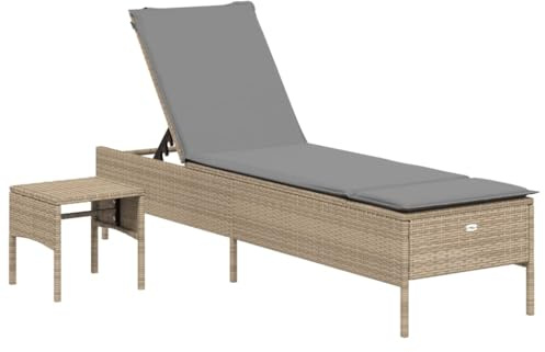 vidaXL Sonnenliege mit Tisch Auflage, Gartenliege mit Stahlrahmen, Relaxliege für Garten Terrasse, Sonnenbett Gartenmöbel, Beige Poly Rattan