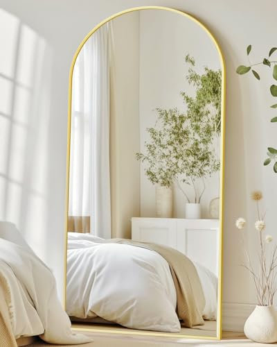 Antok Miroir Pleine Longueur, sur Pied, 180 x 76 cm, avec Cadre en Alliage d'aluminium et Verre incassable, Miroir de Sol bombé pour Salon, Dressing, doré