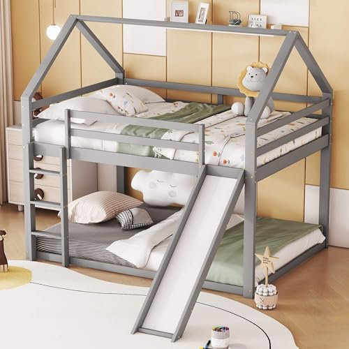 YCYDHDM Lit superposé, 140 x 200 cm, avec toboggan et protection anti-chute, double mezzanine, sommier à lattes et toit, pour chambre d'enfant, cadre de lit en bois de pin, sans matelas, gris