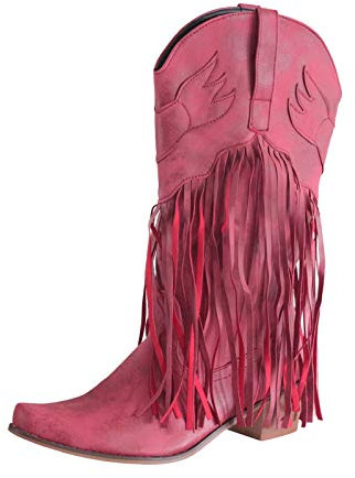 Stivali da cowboy, da donna, in pelle, da cowboy, con frange, da donna, da cowgirl, Colore: rosso, 40