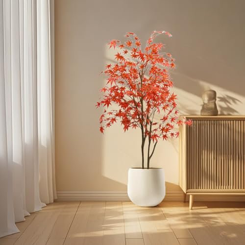 Hapihom Érable artificiel de 1,5 m avec pot - Feuilles d'érable rouges artificielles - Érable de soie - Érable d'automne artificiel - Pour bureau, salon, véranda, porte - Double tige