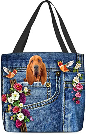 Schultertasche Damen Handtasche Faltbar Strandtasche Wiederverwendbare Einkaufstasche Tragetasche Für Arbeit Büro Reisen Einkaufen Jeans-Taschenmuster Mit Bluthund Und Kolibris