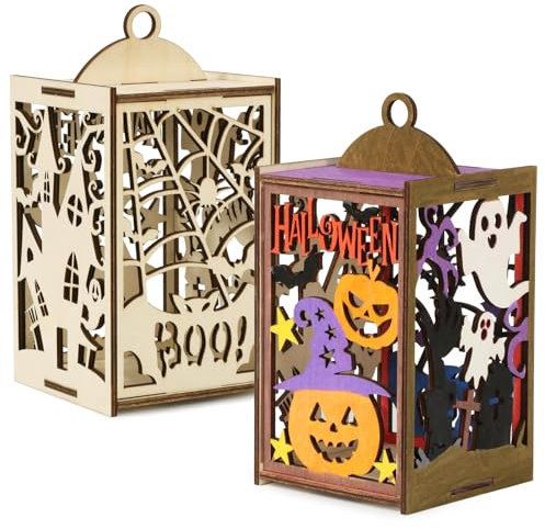 BOFUNX 2 Stücke Halloween Laternen Bastelset Holz Laternen zum Basteln und Bemalen Holzlaterne für Kinder für St Martin Halloween Geschenk