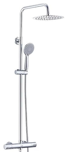 DETBOM Colonne de Douche Chromé Ensemble de Douche Thermostatique en Acier Inoxydable avec Douche Pluie Ronde 25 cm et Pommeau de Douche 12cm 3 Jets, Support, Flexible 1.5m, Economie d'Eau
