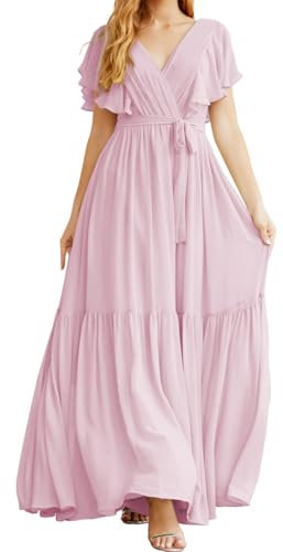 Robe de demoiselle d'honneur à volants en mousseline de soie à double col en V, rose bonbon, 36