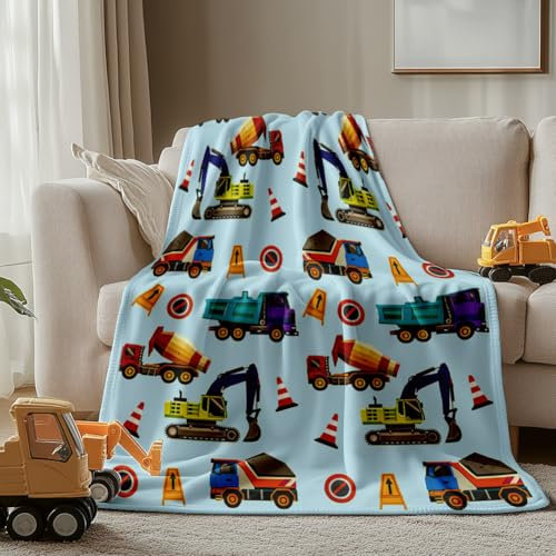 WADORN Baufahrzeug Fleecedecke Plüsch Überwurfdecke Mit Bagger Motiv Weicher Flanell Fleece Decke Mit Traktor Motiv Für Büro Schlafzimmer Wohnzimmer Schlafsofa Couch Stuhl Decken Geschenke 150x130cm