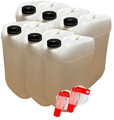 Lot de 6 Bidons Plastique 25 L litres avec Bouchon Hermétique DIN 61 et 2 Robinets Verseurs – PEHD Résistant pour Liquides Alimentaires et Chimiques – Réutilisable et Durable - Jerry can Jerrican