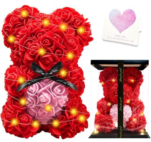 Rosenbär,Rosen Teddybär,Rosenteddy Bär,Rosenblumenbär mit Valentinstagskarte, Geschenkbox und Warmweißer LichtdekorationSüße Geschenke für freundin,Muttertagsgeschenk,Romantische Geschenke für frauen