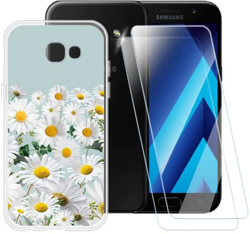 Bedruckte TPU Handyhülle + 2er-Set Gehärtete Schutzglas Kompatibel mit Samsung Galaxy A5 2017 A520, Künstlerisches Schlankes Stoßfestes Cover, Kratzfest, Rundumschutz