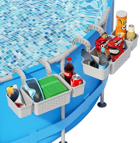 POOLHOUR Poolside Aufbewahrungskorb mit 2 Getränkehaltern, dehnbarer Pool-Spielzeugkorb für Handtücher und Getränke, multifunktionaler Pool-Halter für die meisten Rahmen-Pool-Zubehör (2 Stück)