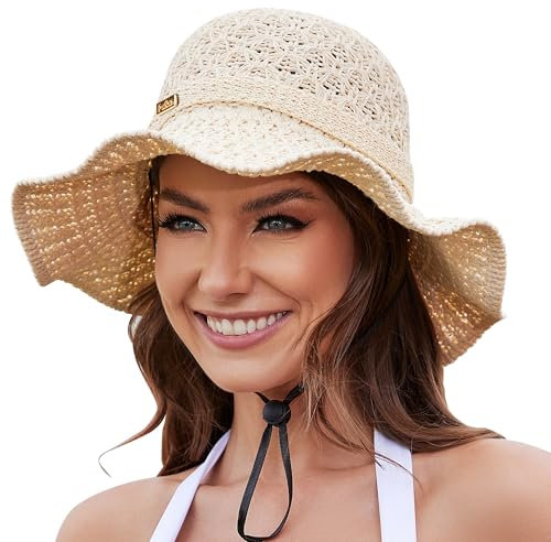 ACUSHLA Sonnenhut für Damen, breite Krempe, leicht, tragbar, knitterfrei, Sommer-/Strandhut, Kappe, UPF, UV, rund (DE/NL/SE/PL, Alphanumerisch, 48, 60, Hellbeige)