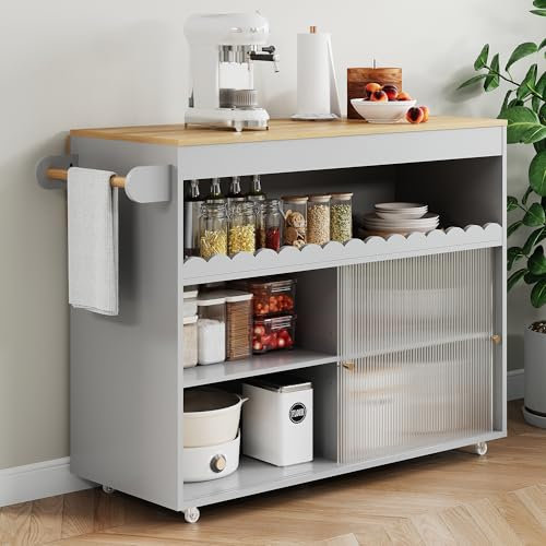 122 x 46 (69) x 91 cm, carrito isla de cocina plegable, encimera de chapa de roble, puertas correderas de vidrio templado, estantes ajustables, toallero, carrito grande isla de cocina (gris)