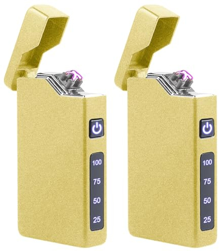 GBKDQQ 2 Stück Elektrisches Lichtbogen Feuerzeug, USB Aufladbar, Tragbares Feuerzeug mit Batterieanzeige, Geschenk für Männer Frauen mit Geschenkbox (Gold)