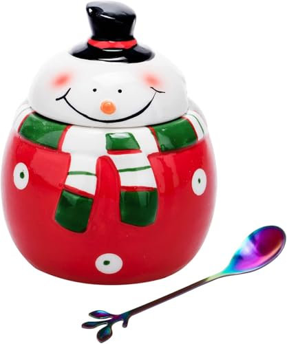 HPYNPES Ceramic Sugar Bowl with Lid and Spoon- Classy Sugar Container with Cute Christmas Snowman Design- Christmas Decorations- Durable, Airtight Sugar Pot with Spoon- Unique Christmas Gifts- 14Oz