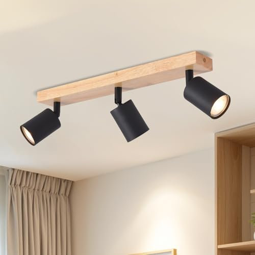 LVWIT Deckenleuchte LED 3 Flammig, Modern Deckenstrahler Schwenkbar, Spot Deckenleuchte Holz Schwarz, GU10 Deckenlampe Spots für Küche, Schlafzimmer, Wohnzimmer (Ohne Leuchtmittel)