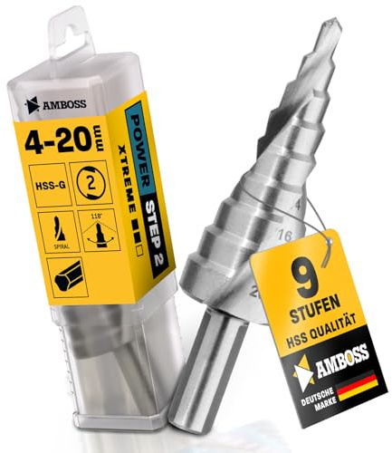 Foret étagé de 4 à 20 mm de diamètre / 9 niveaux de foret conique / tige de 10 mm / foret conique métallique professionnel HSS / enclume PowerStep 2 / foret pour acier, aluminium, plastique, verre