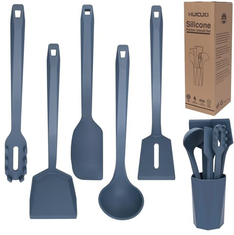 Kitchen Silicone Cooking Utensils Set of 6 with Holder Silicone Slotted Blue Spatula Spaghetti Server Soup Ladle Heat-Resistant Kitchen Utensils Tools Gadgets Set for Non-Stick Pan Baking Flipping