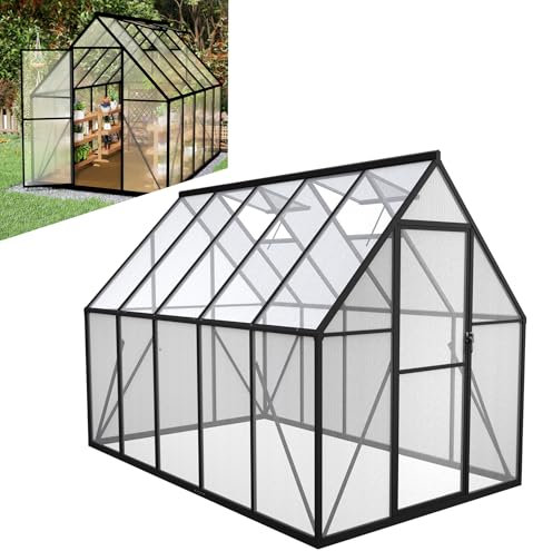 LZQ Serra da giardino in alluminio con fondazione, 280 x 180 x 195 cm, con porta scorrevole e lucernario, serra da giardino, resistente all'inverno, per l'allevamento di pomodori (6 x 10 ft)