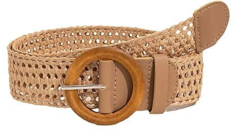 JIARY Ceinture Tressée Femme, Ceinture Tissée Élastique en Paille Ceintures De Robe D'été Bohème Ceinture Tressée Large avec Boucle De Couleur Bois,Kaki,110CM/43.3''