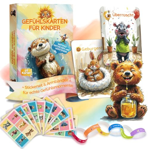 Gefühlskarten Kinder – 50 Emotionskarten für Empathie & Selbstbewusstsein Kinder 3–12 | robust mit Soft-Touch | inkl. Sticker & Armbänder
