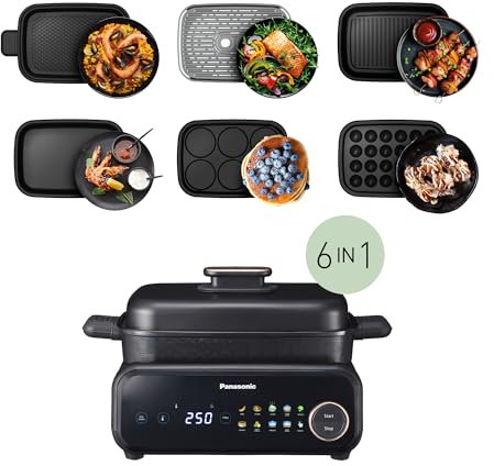 Panasonic NF-GM600 6-in-1 Electric Multi Cooker, Steamer Cooking, BBQ, Grill, 1400W, 40-250°C, 9 Auto Modes, 6 Non Stick Plate Accessories, Smoke Extractor, Dishwasher Safe, 2.5m Cord, Black