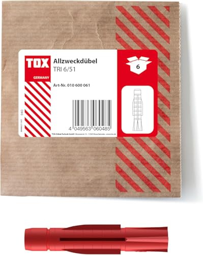 TOX 6x51 mm M, Allzweckdübel TRI, Dübel für zuverlässige Befestigungen in Fast Allen Baustoffen, 6 Stück in Einer wiederverschließbaren und umweltschonenden Papierverpackung, 010600061, Rot