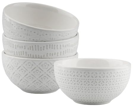 quiodok Juego de 4 Tazones Desayuno mit Reliefmuster, Cuenco para Cereales, Durchmesser 11.5cm, Bol Cocina, Bol Desayuno para Sopa, Cuencos Ceramica para Muesli, Snacks, Ramen o Postres (Blanco)