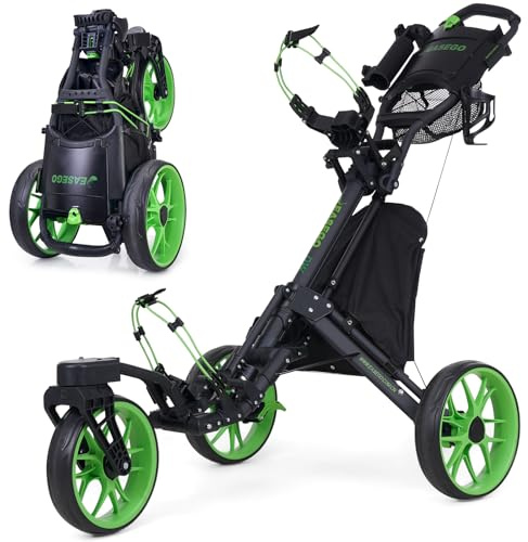EASEGO Golf Push Cart 3 Wheel : 360° Swivel Front Wheels with Phone Holder/Cup Holder/Umbrella Holder/Foot Brake Quick Fold Golf Walking Push Pull Carts All-Terrain Golf Caddy Carts(Lime Green)