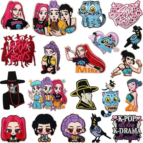 ODSS Set di toppe termoadesive per stirare di anime K-Pop, 20 pezzi di apliques di tessuto ricamati, personaggi dei cartoni animati in blu e rosso, decorazione fai-da-te per abbigliamento