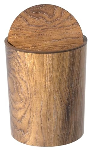 Lawnrden Retro Trash Can, Wood Grain Small Trash Can with Swing Lid, Round Garbage Bin, Reusable Waste Basket for Bedroom, Living Room, Kitchen, Bathroom