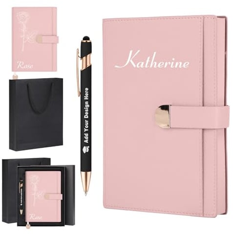 ENOMY Personalisiert A5 PU Leder Notizbuch Geschenkset für Frauen mit farbigen Seitenkanten Individuelles Journal und Stift Geburtstags Geschenk Rosa