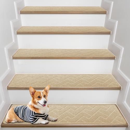 RIZENCE 15 Stück Treppenstufen Matten Antirutsch - 76x20cm Stufenmatten Selbstklebend - Wiederverwendbar Maschinenwaschbare Treppenteppich für Kinder, Senioren und Haustiere, Schneidbar (Khaki)