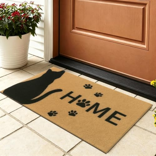SHACOS Artificial Coir Doormat, 60 x 90 cm, Non Slip Entrance Mat, Cat | Heavy Duty Rubber Backing, Dirt Trapper and Moisture Absorbent, Front Door Floor Mats, For Outdoor Indoor Entrances