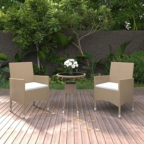 QUAHEAS Salon de jardin 3 pièces en polyrotin beige, résistant aux intempéries, avec table ronde en verre trempé et 2 chaises confortables, pour terrasse et balcon