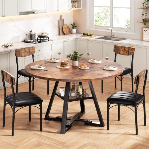 Jocoevol Runder Esstisch und 4 Esszimmerstühle Set, Essgruppe 5-Teilig, Esszimmertisch mit Ablage und 4 stühle für Küche, Wohnzimmer, Balkon, Restaurant, Büro (Vintage Braun, 120x120x76cm)