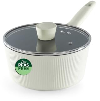 Russell Hobbs Cote Stielkasserolle 20 cm, Keramik-Antihaft, Creme | Geschmiedetes Aluminium, Glasdeckel mit Dampfauslass, Soft-Touch-Griff, für Induktion und alle Herdarten
